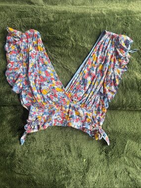 Free People Blue Floral Ruffle Wrap Crop Top